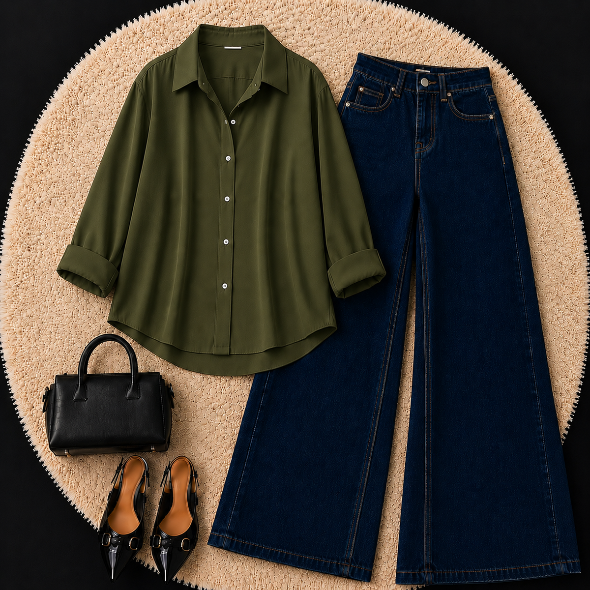 OLIVE GREEN BUTTON DOWN SHIRT WITH DARK BLUE WIDE LEG JEANS
