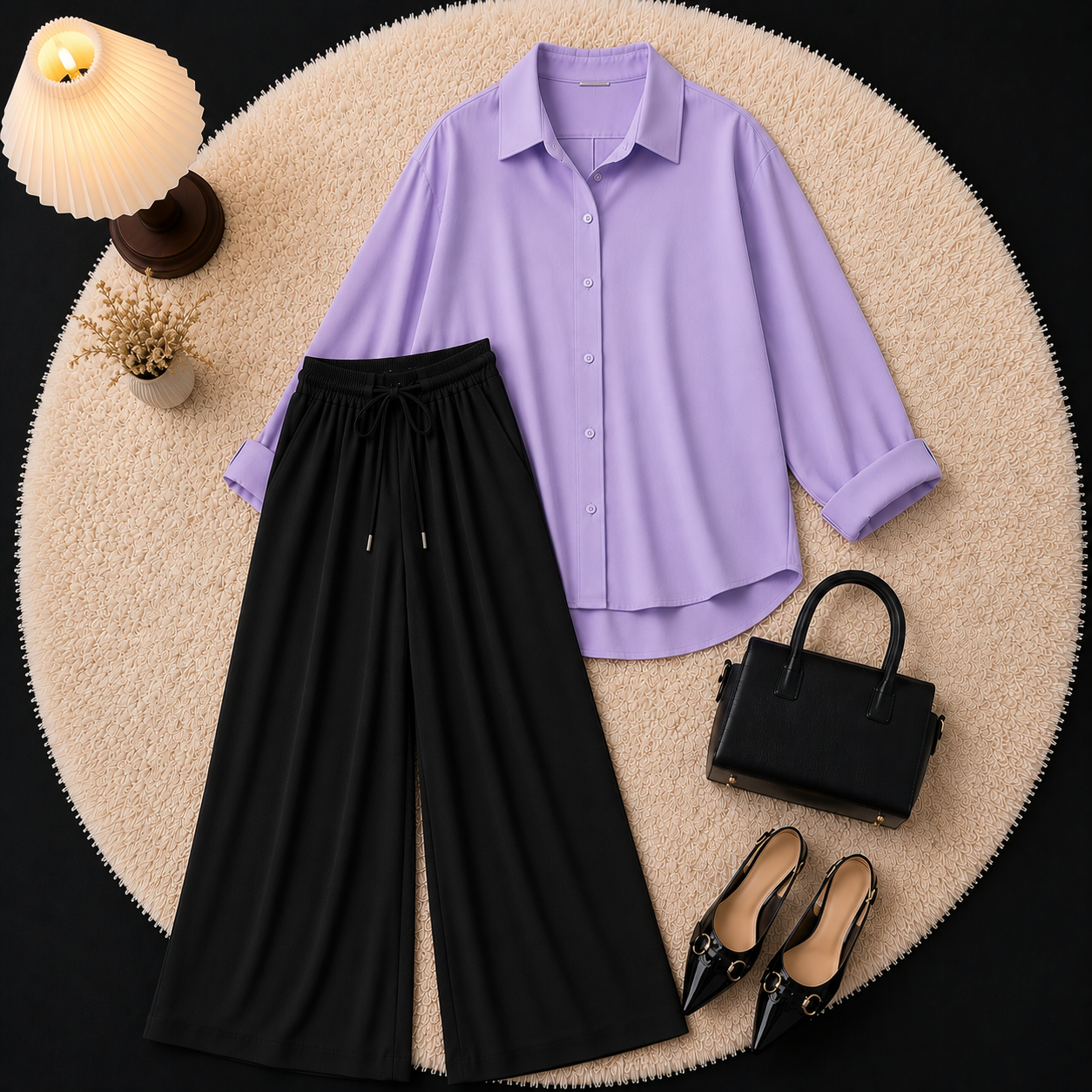 Lilac Button Down Shirt With Black Flapper Trouser