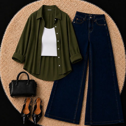 Olive Green Button Down Shirt With White Inner & Dark Blue Wide Leg Jeans