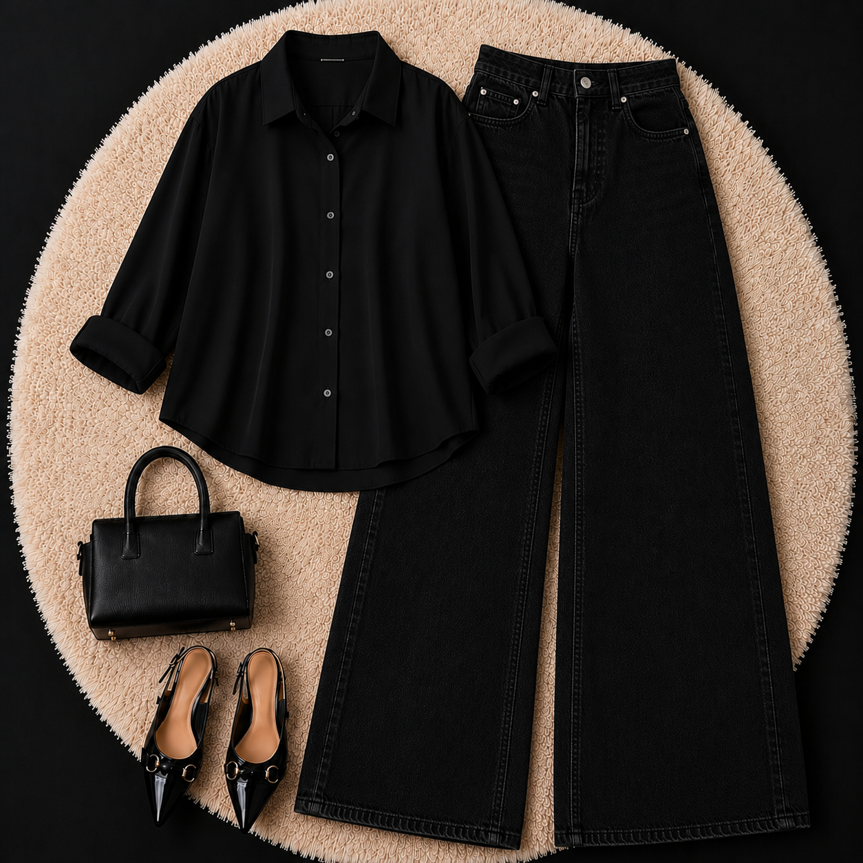 BLACK BUTTON DOWN SHIRT WITH BLACK WIDE LEG JEANS