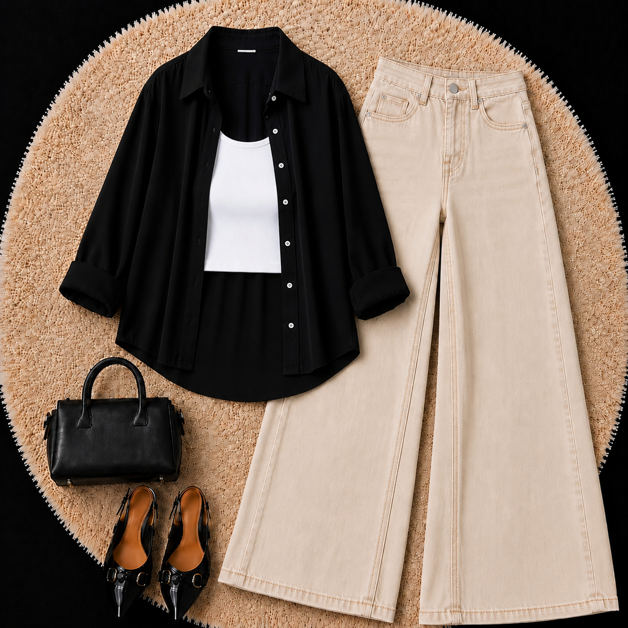 Black Button Down Shirt With White Inner & Beige Wide Leg Jeans