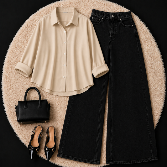 BEIGE BUTTON DOWN SHIRT WITH BLACK WIDE LEG JEANS