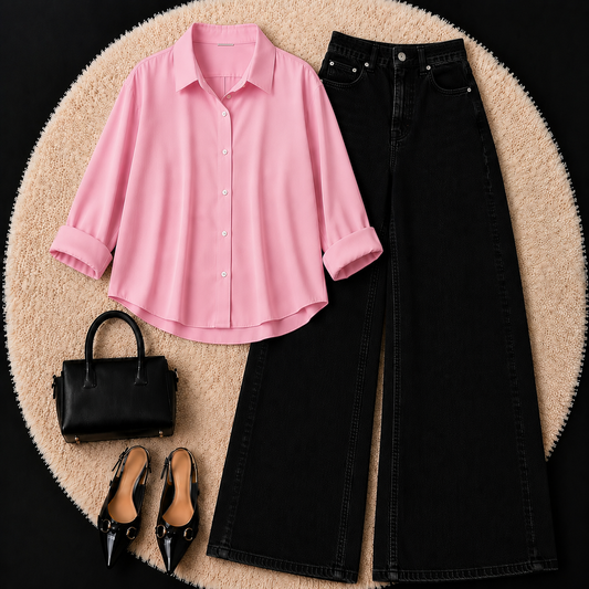 BABY PINK BUTTON DOWN SHIRT WITH BLACK WIDE LEG JEANS
