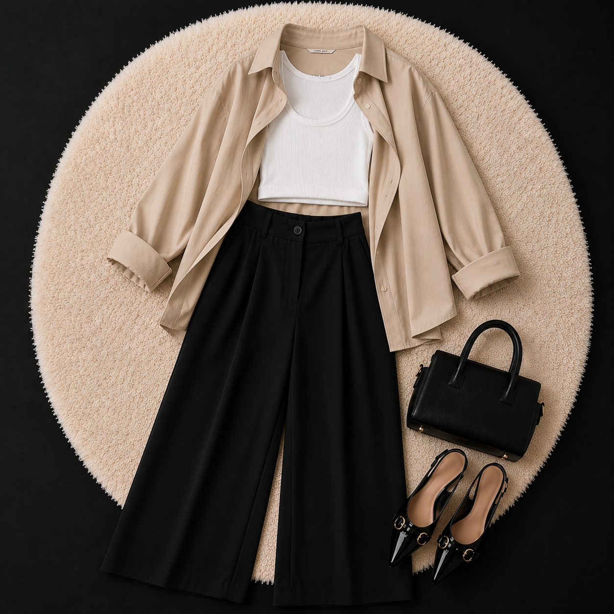 Beige Button Down Shirt With White Inner & Black Formal pant