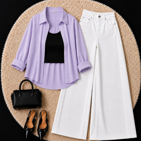 Lilac Button Down Shirt With Black Inner & White Wide Leg Jeans