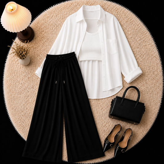 White Down Shirt With Inner & Black Flapper Trouser