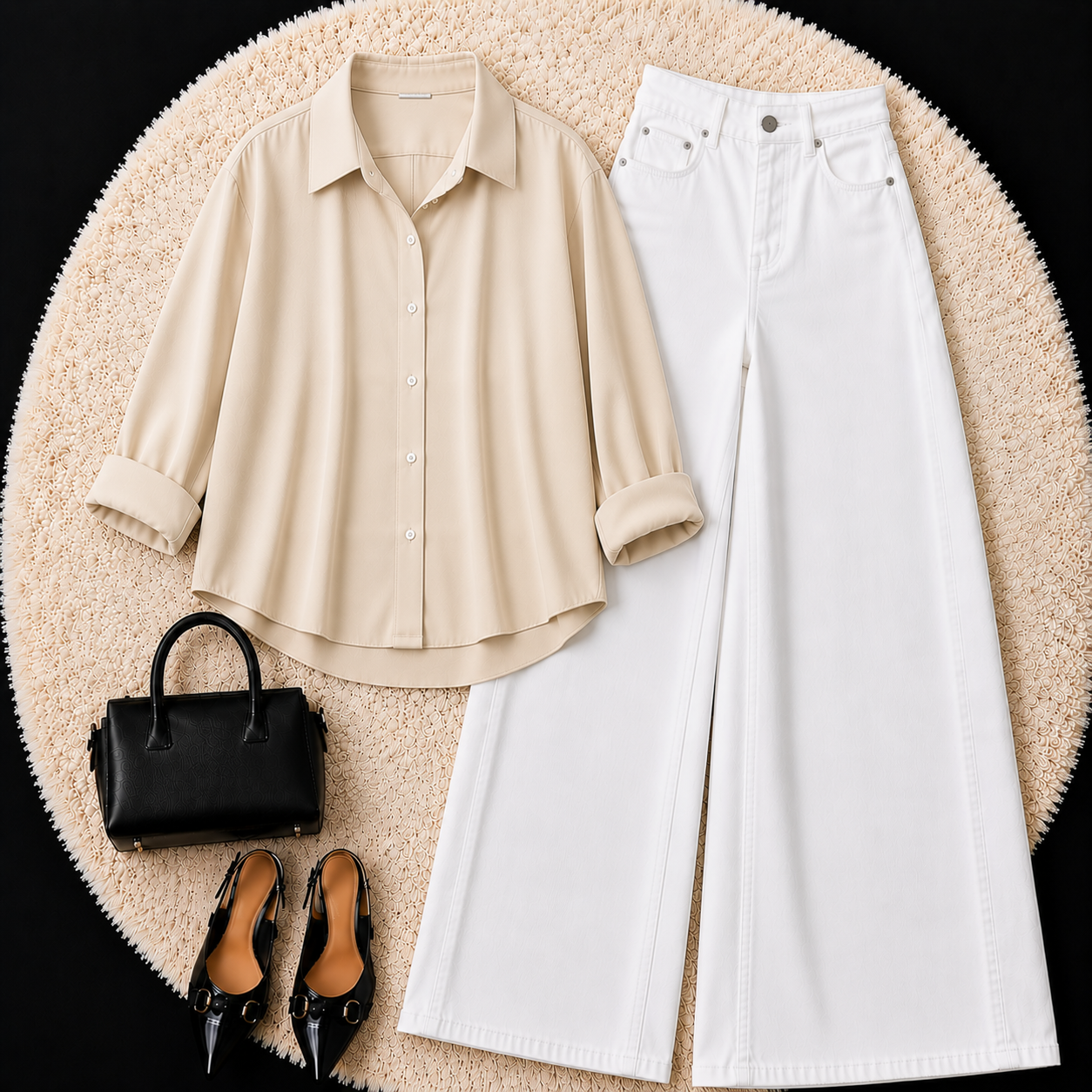 BEIGE BUTTON DOWN SHIRT WITH WHITE WIDE LEG JEANS