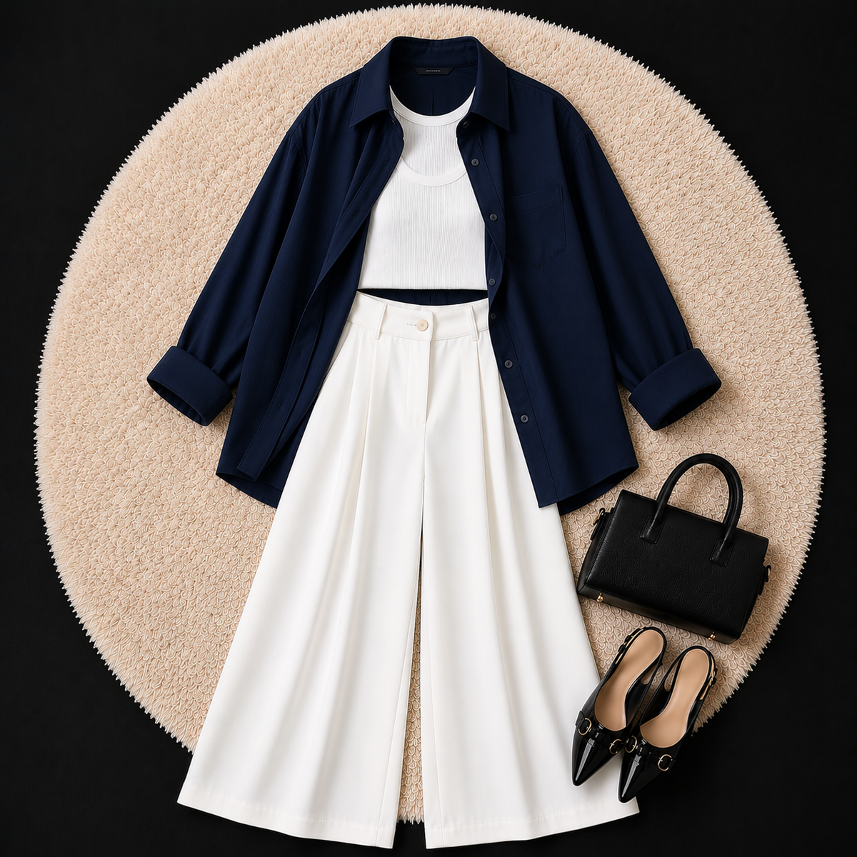 Navy Blue Button Down Shirt With White Inner & White Formal pant