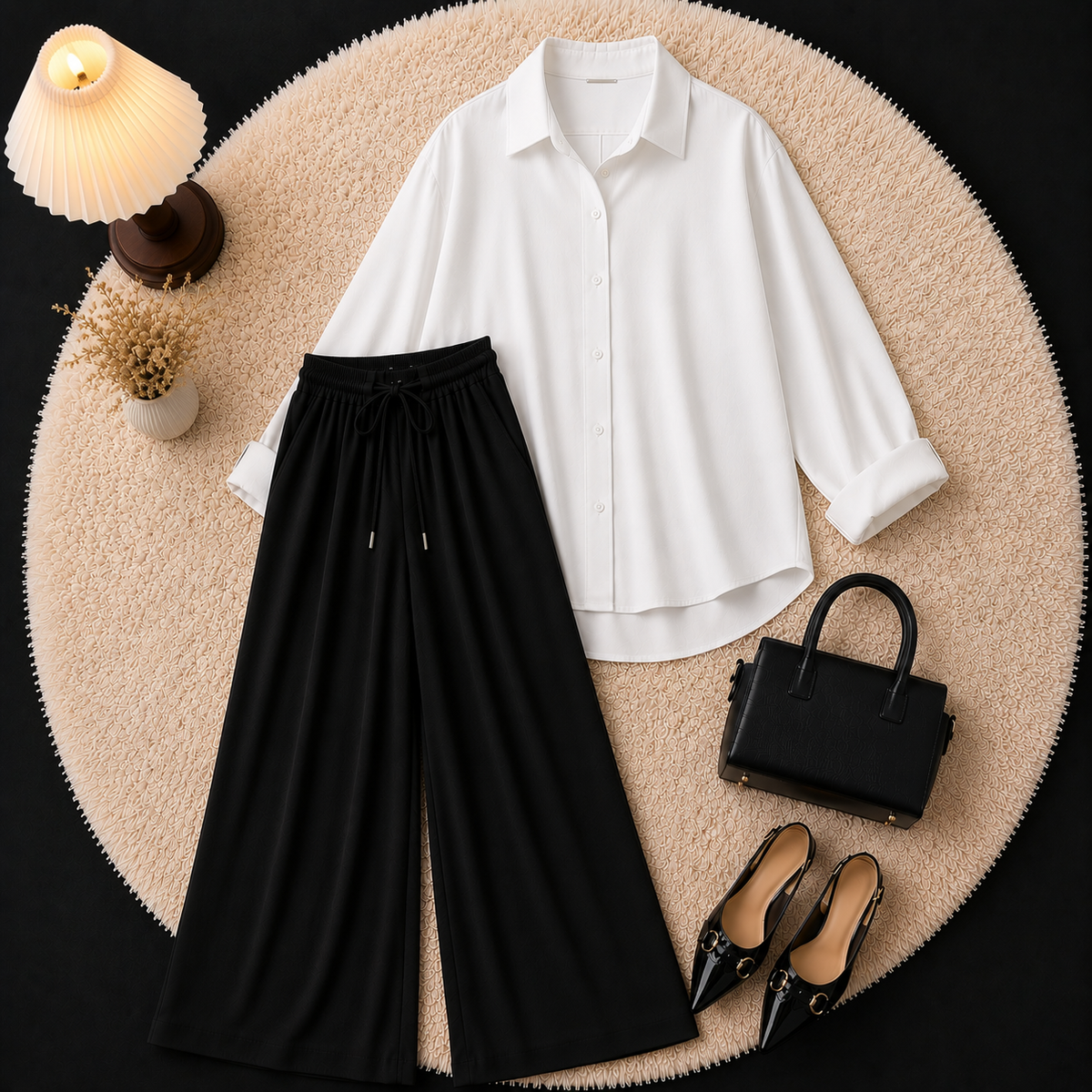 White Button Down Shirt With Black Flapper Trouser