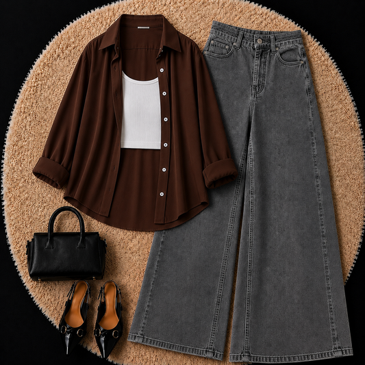 Brown Button Down Shirt With White Inner & Grey Wide Leg Jeans