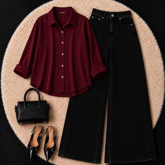 MAROON BUTTON DOWN SHIRT WITH BLACK WIDE LEG JEANS