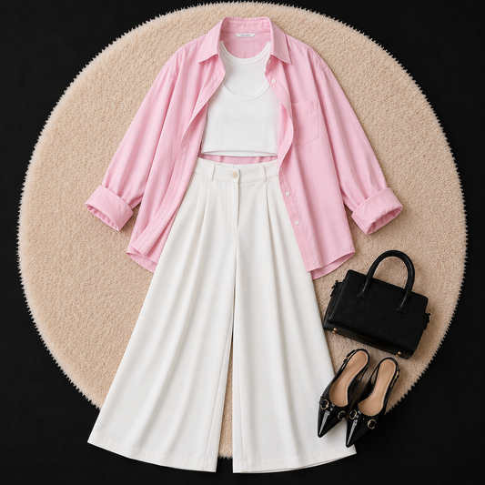 Baby Pink Button Down Shirt With White Inner & White Formal pant