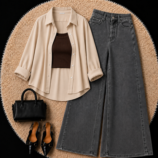 Beige Button Down Shirt With Brown Inner & Grey Wide Leg Jeans