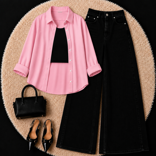 Baby Pink Button Down Shirt With Black Inner & Black Wide Leg Jeans