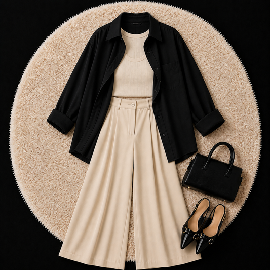 Black Button Down Shirt With Beige Inner And Beige Formal Pant