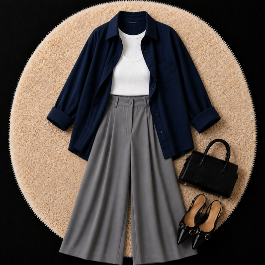 Navy Blue Button Down Shirt With White Inner And Grey Formal Pant