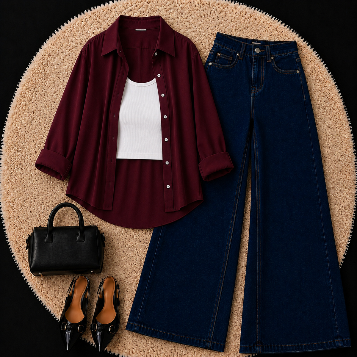 Burgundy Button Down Shirt With White Inner & Dark Blue Wide Leg Jeans