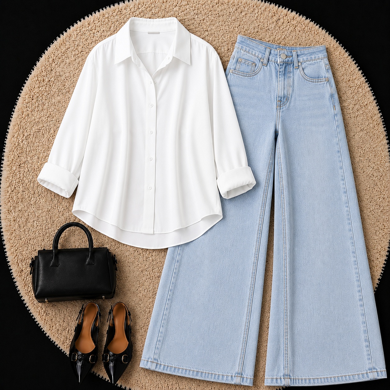 WHITE BUTTON DOWN SHIRT WITH SKY BLUE WIDE LEG JEANS