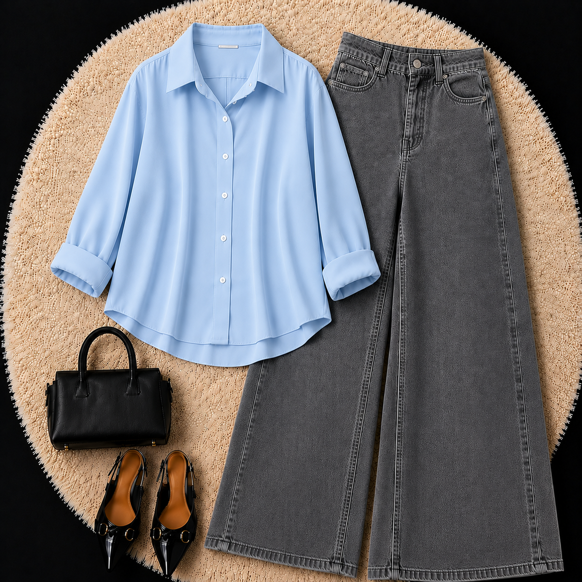 SKY BLUE BUTTON DOWN SHIRT WITH CHARCOL GREY WIDE LEG JEANS