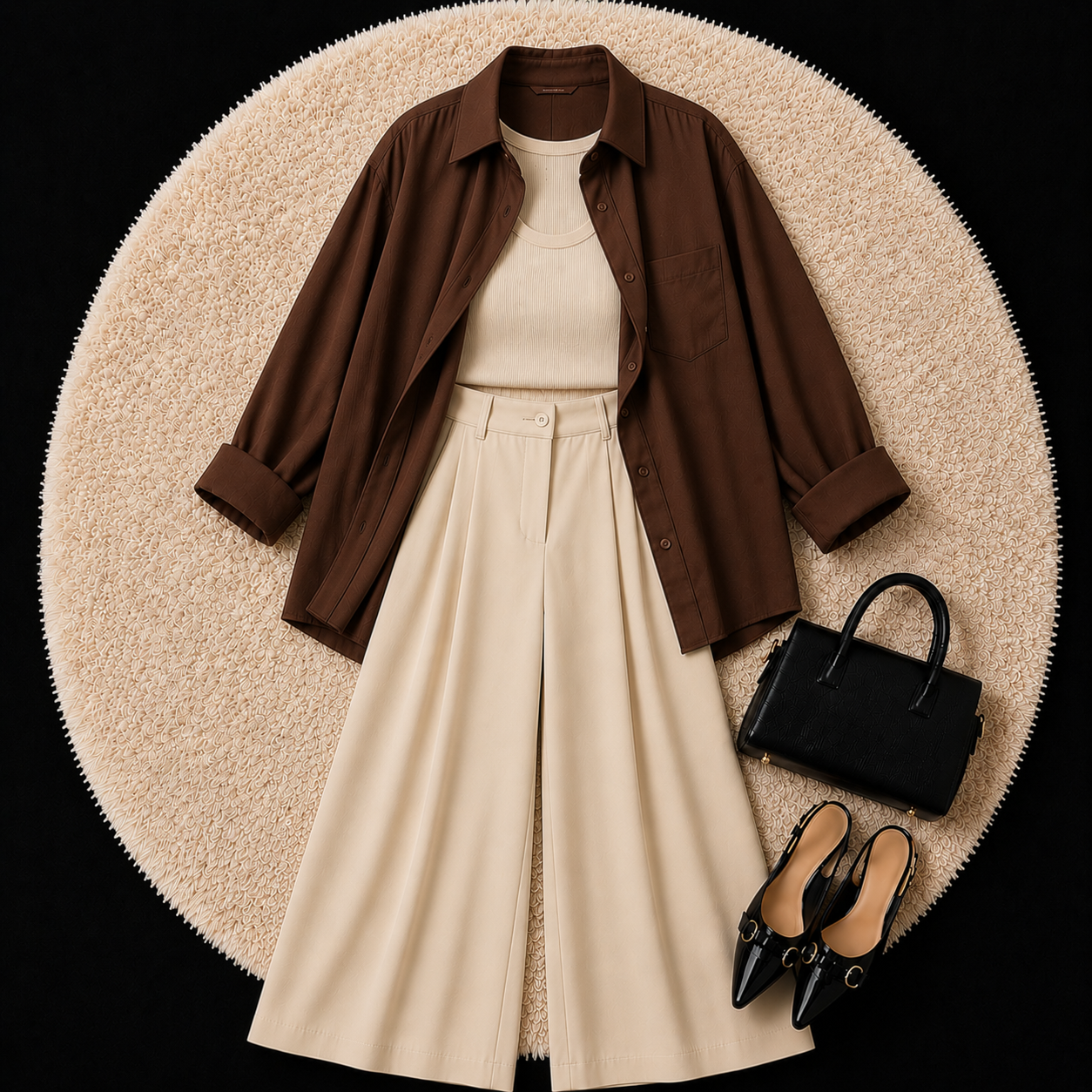 Brown Button Down Shirt With Beige Inner And Beige Formal Pant