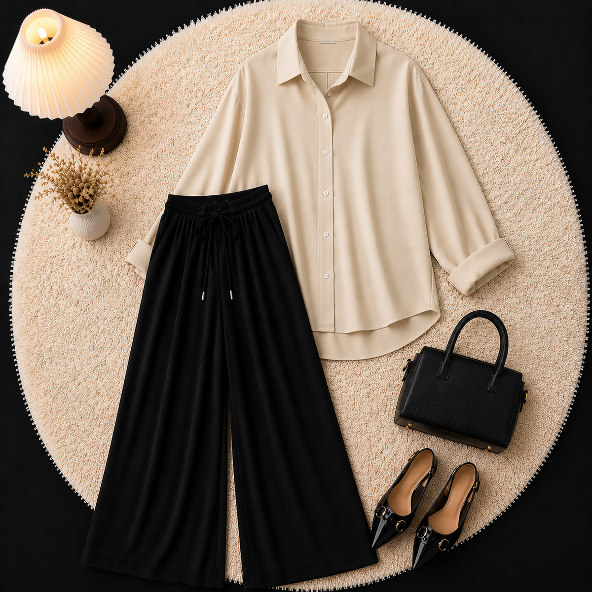 Beige Button Down Shirt With Black Flapper Trouser