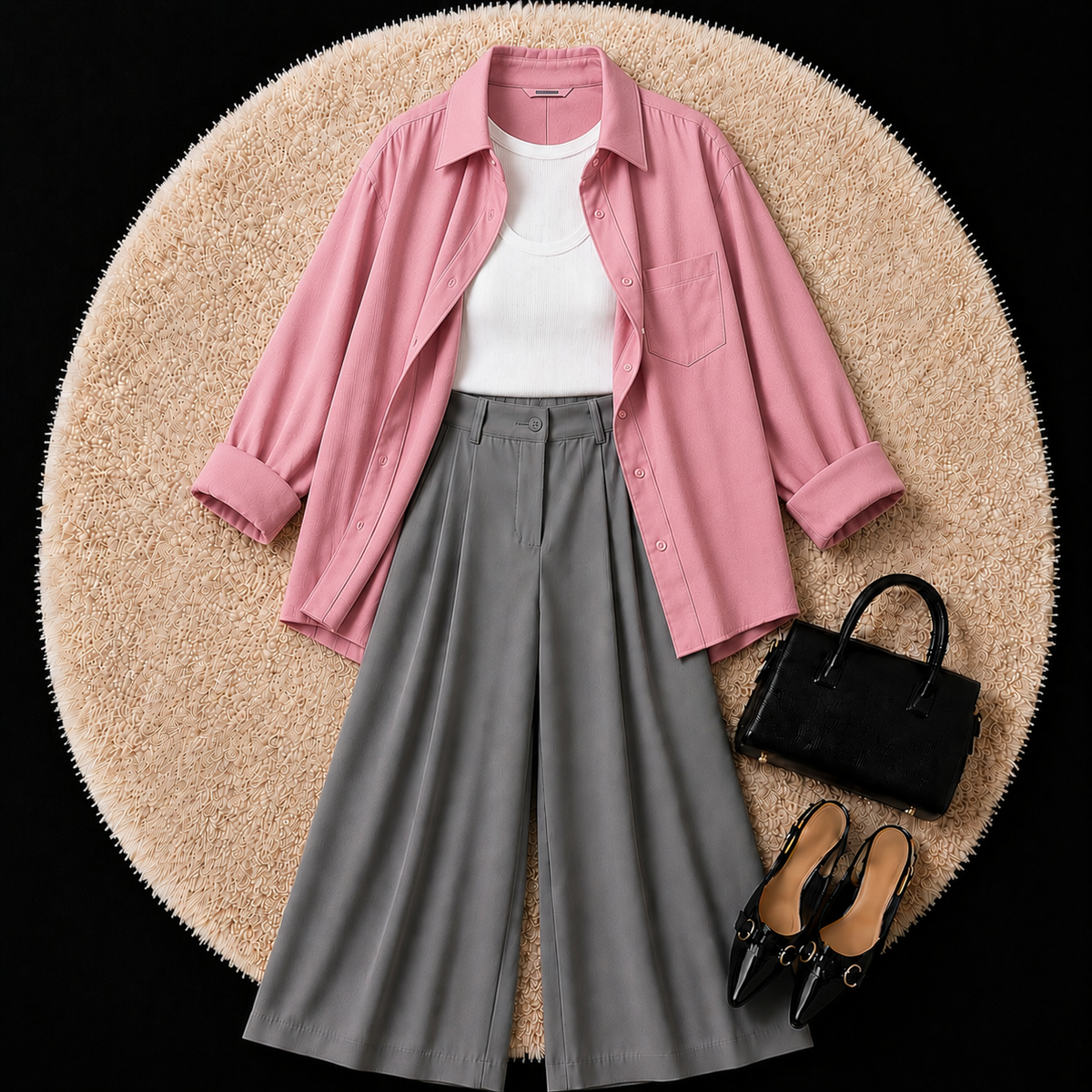 Baby Pink Button Down Shirt With White Inner And Grey Formal Pant
