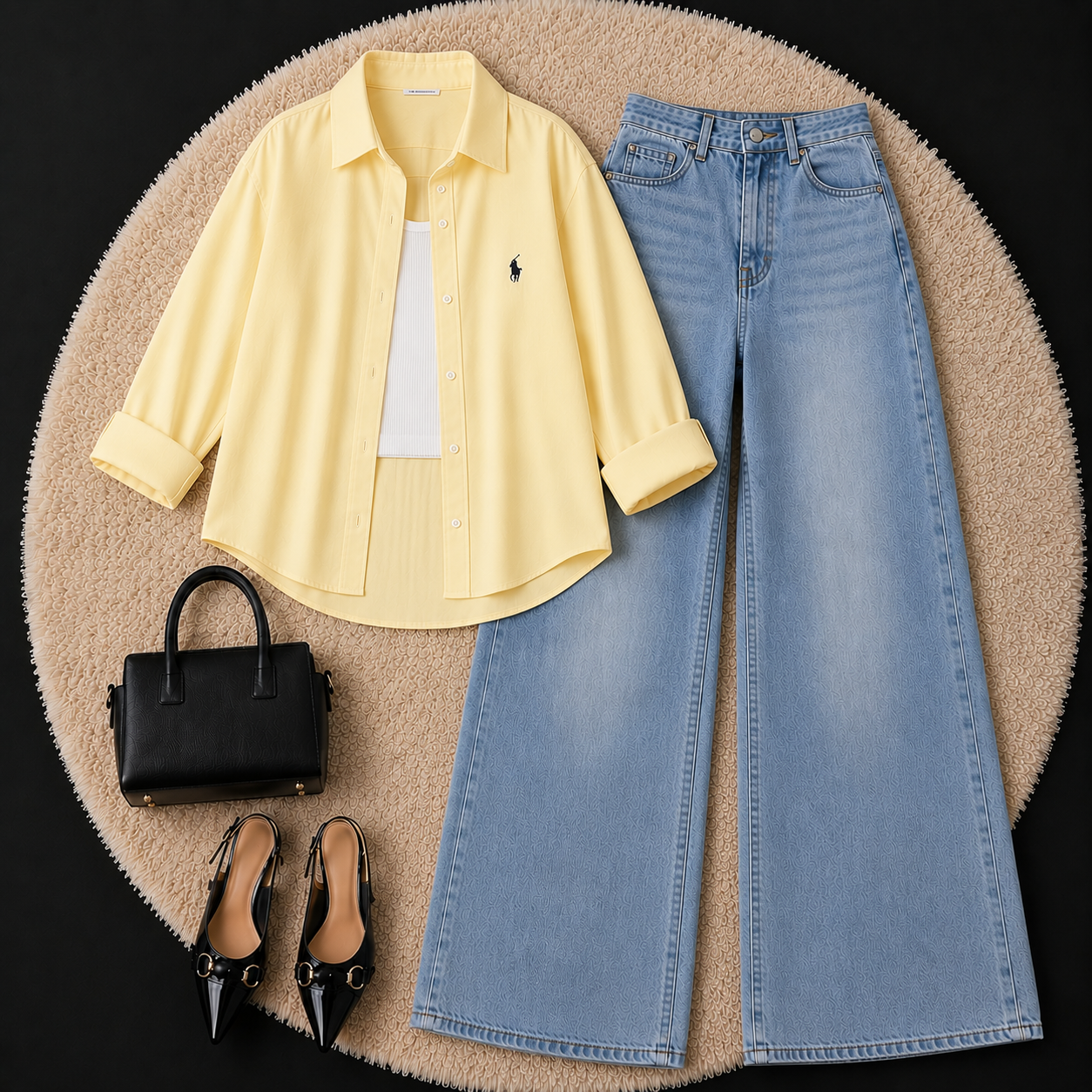 Pale Yellow Button Down Shirt With White Inner & Sky Blue Wide Leg Jeans