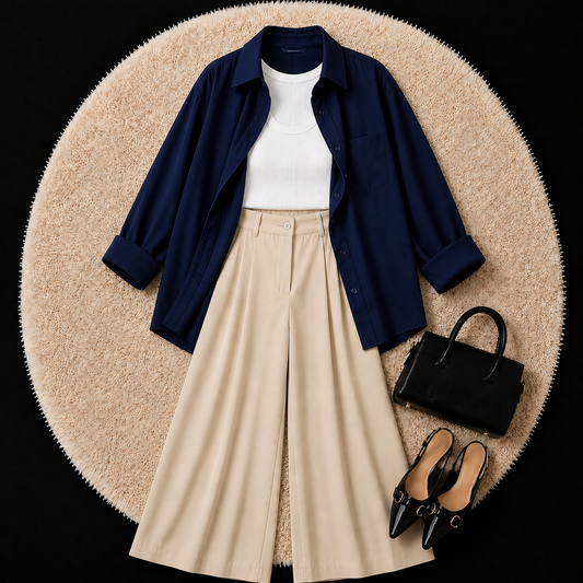 Navy Blue Button Down Shirt With White Inner & Beige Formal pant