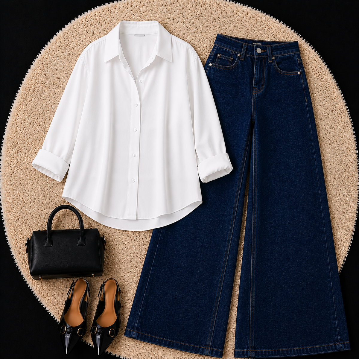 WHITE BUTTON DOWN SHIRT WITH DARK BLUE WIDE LEG JEANS