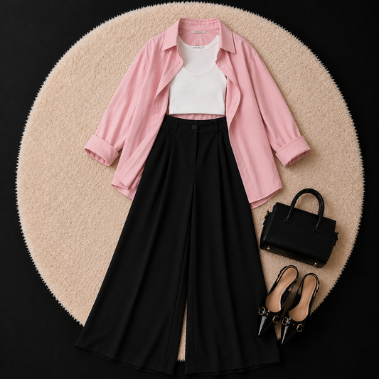 Baby Pink Button Down Shirt With White Inner & Black Formal pant