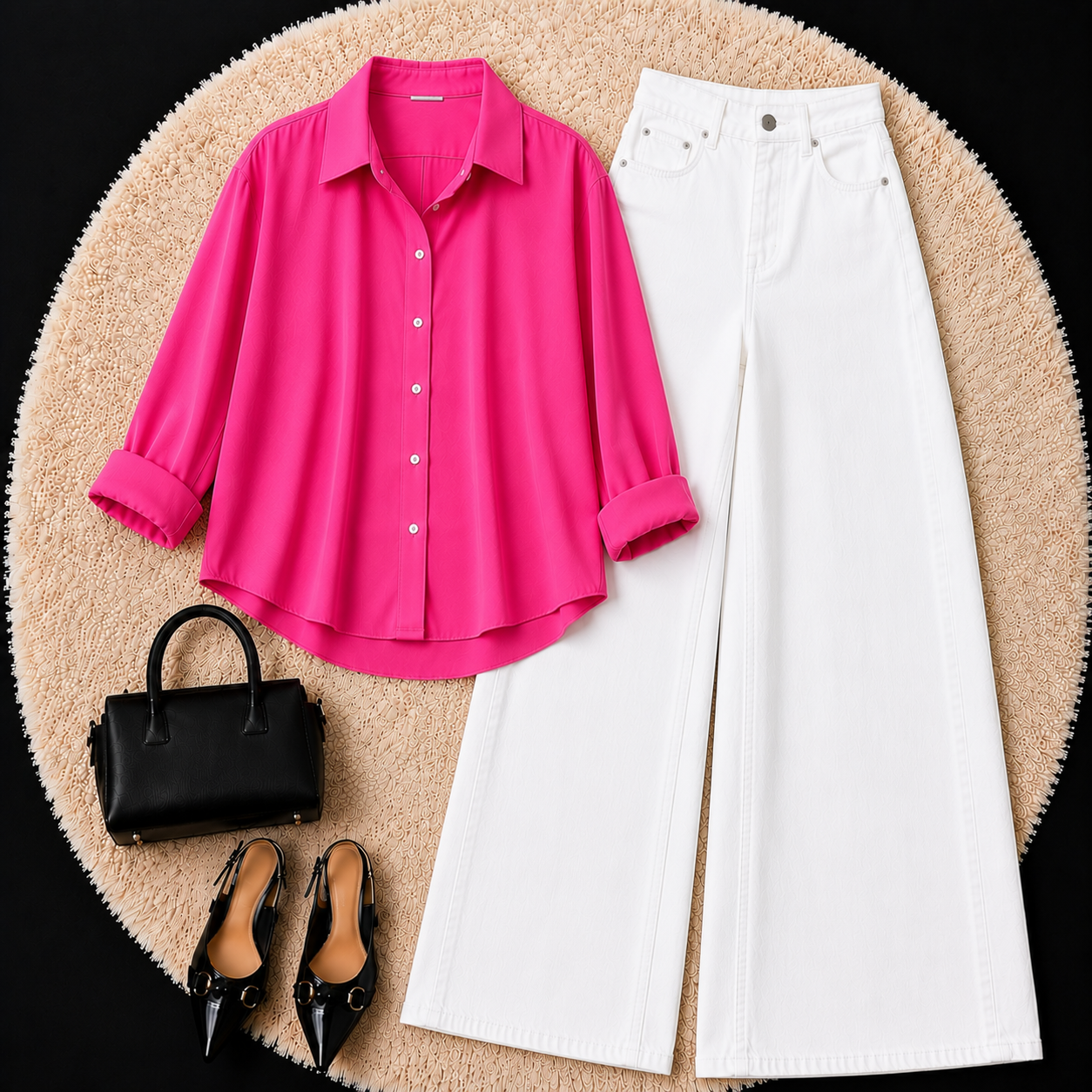SHOCKING PINK BUTTON DOWN SHIRT WITH WHITE WIDE LEG JEANS