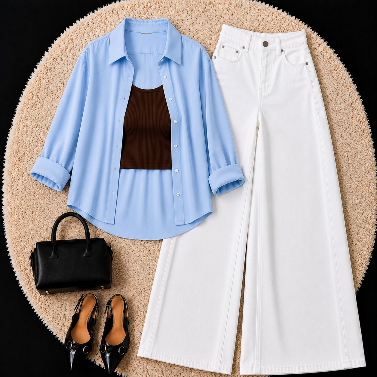 Sky Blue Button Down Shirt With Brown Inner & White Wide Leg Jeans