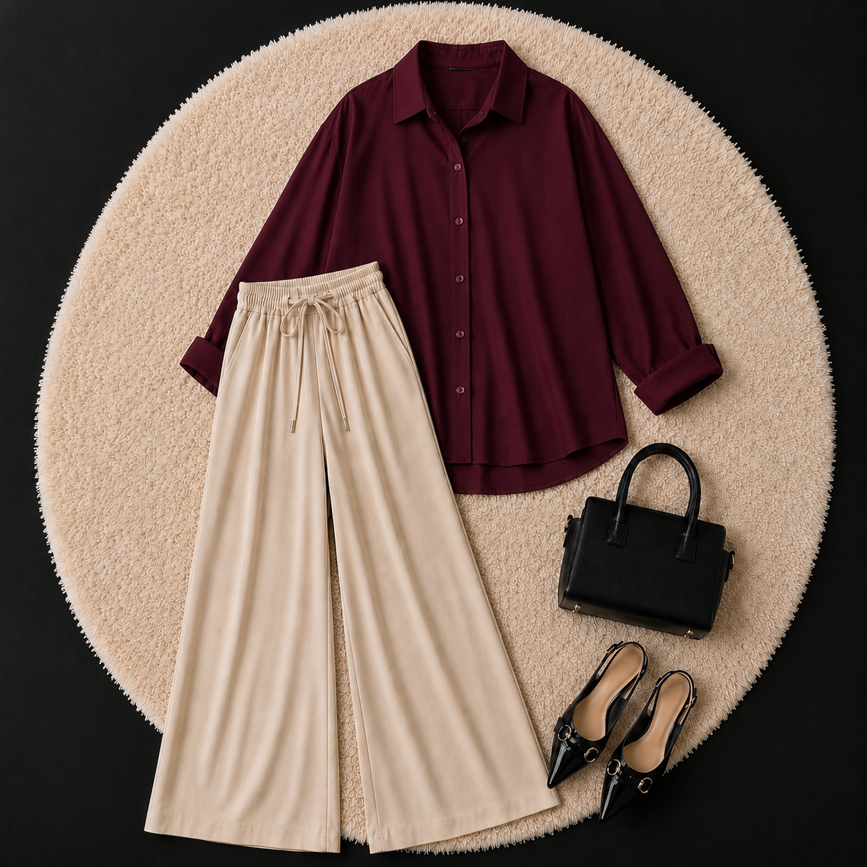 Maroon Button Down Shirt With Beige Flapper Trouser