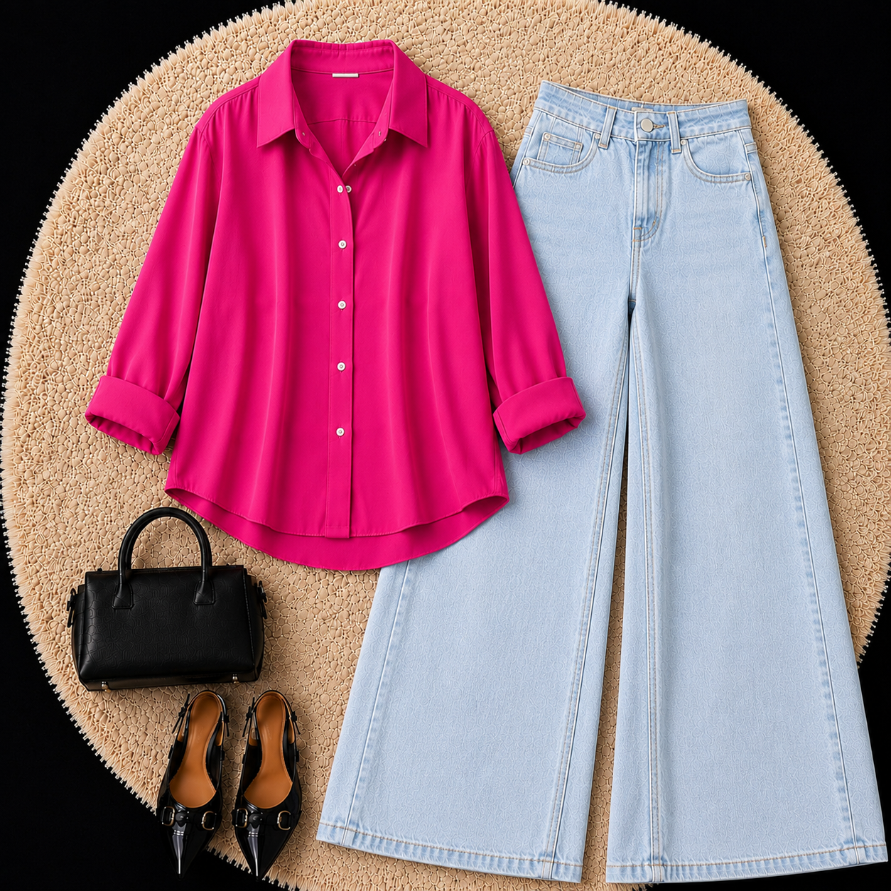 SHOCKING PINK BUTTON DOWN SHIRT WITH SKY BLUE WIDE LEG JEANS