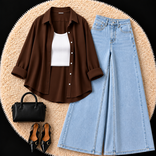 Brown Button Down Shirt With White Inner & Sky Blue Wide Leg Jeans