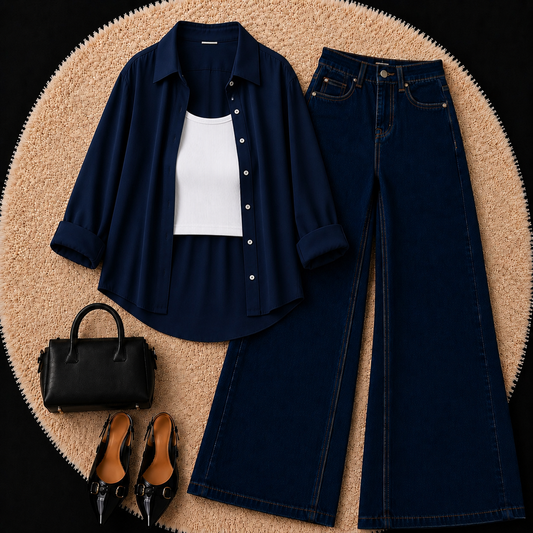 Navy blue Button Down Shirt With White Inner & Dark Blue Wide Leg Jeans