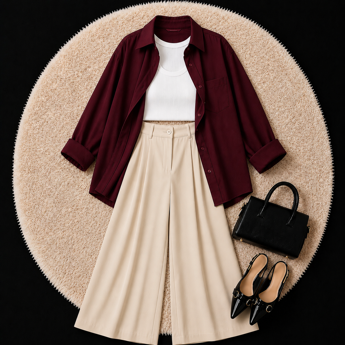 Burgundy Button Down Shirt With White Inner & Beige Formal pant