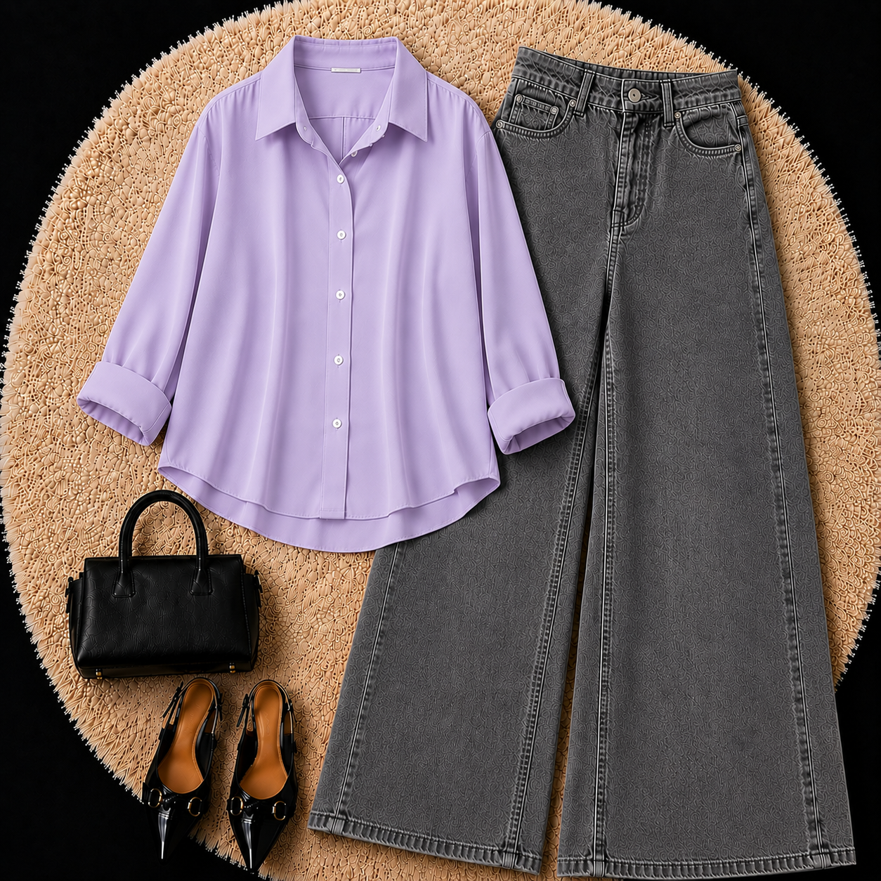LILAC BUTTON DOWN SHIRT WITH CHARCOL GREY WIDE LEG JEANS