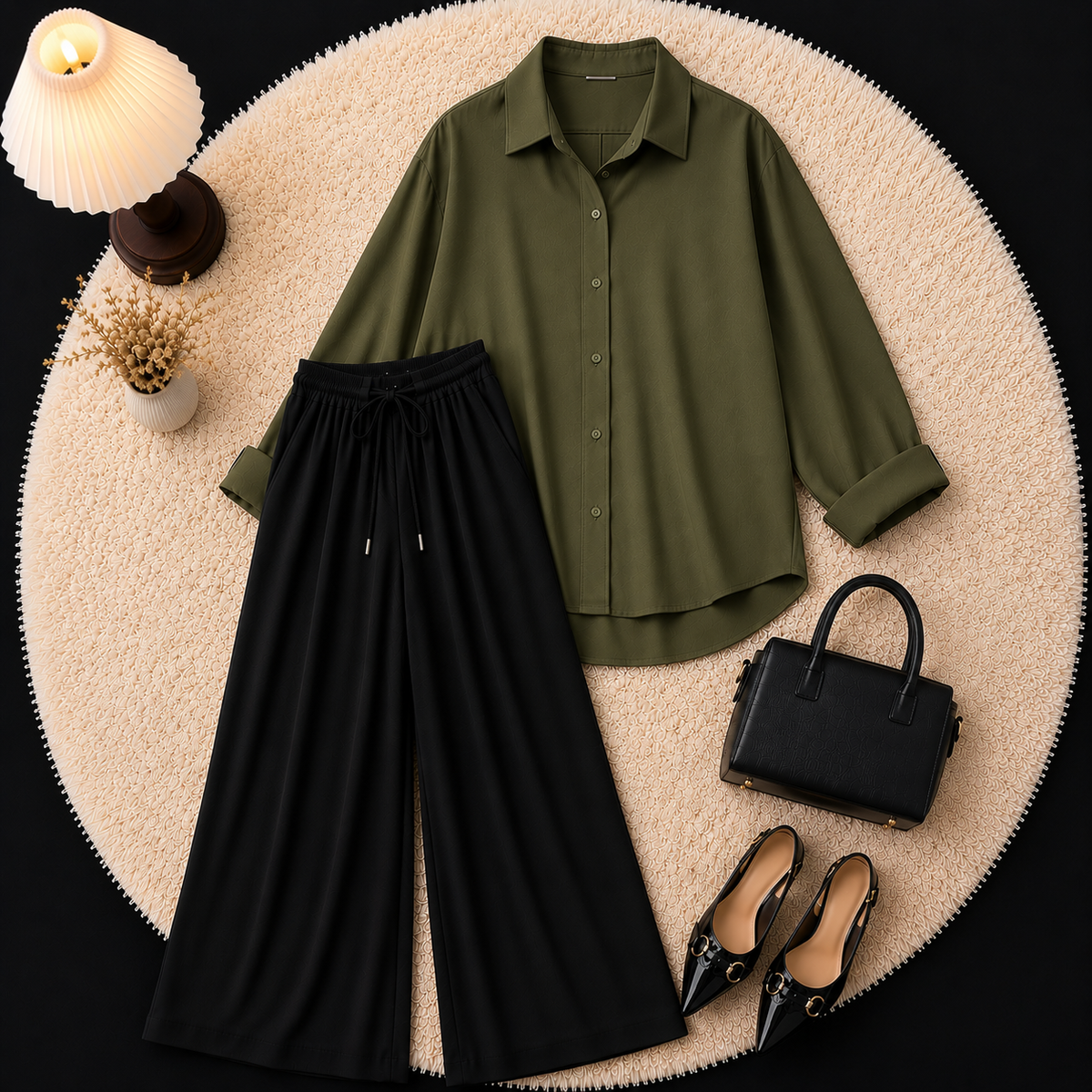 Olive Green Button Down Shirt With Black Flapper Trouser