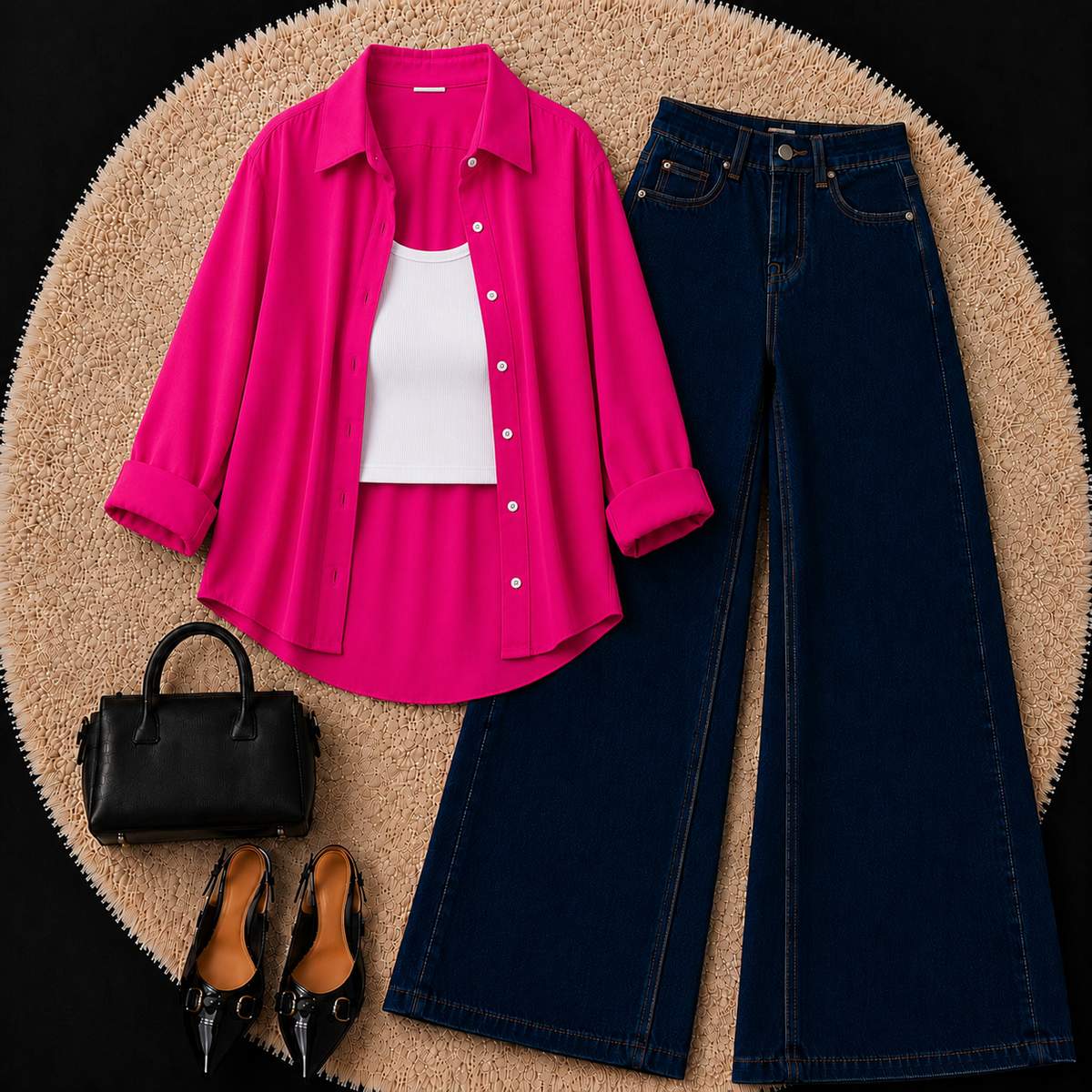 Hot Pink Button Down Shirt With White Inner & Dark Blue Wide Leg Jeans