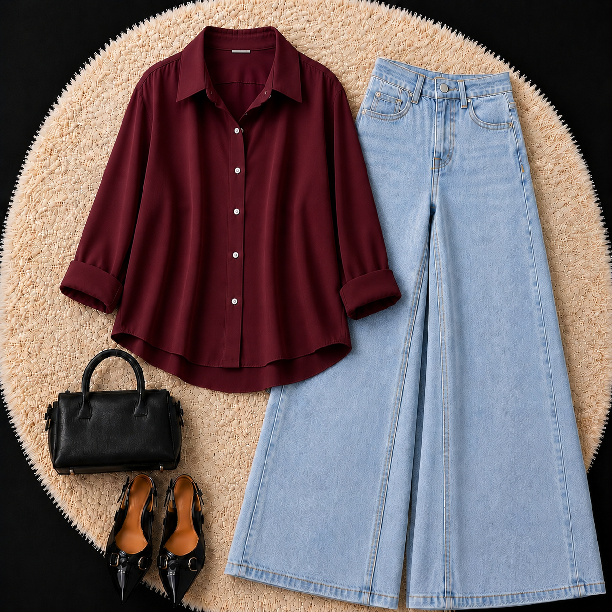 MAROON BUTTON DOWN SHIRT WITH SKY BLUE WIDE LEG JEANS