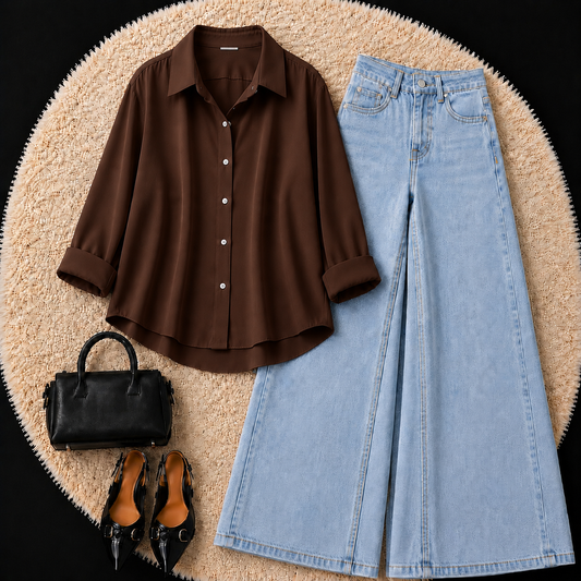 DARK BROWN BUTTON DOWN SHIRT WITH SKY BLUE WIDE LEG JEANS