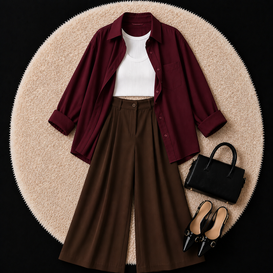 Burgundy Button Down Shirt With White Inner And Brown Formal Pant