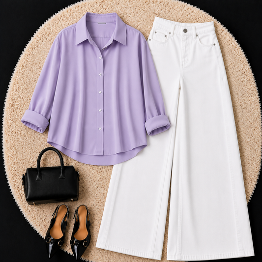 LILAC BUTTON DOWN SHIRT WITH WHITE WIDE LEG JEANS