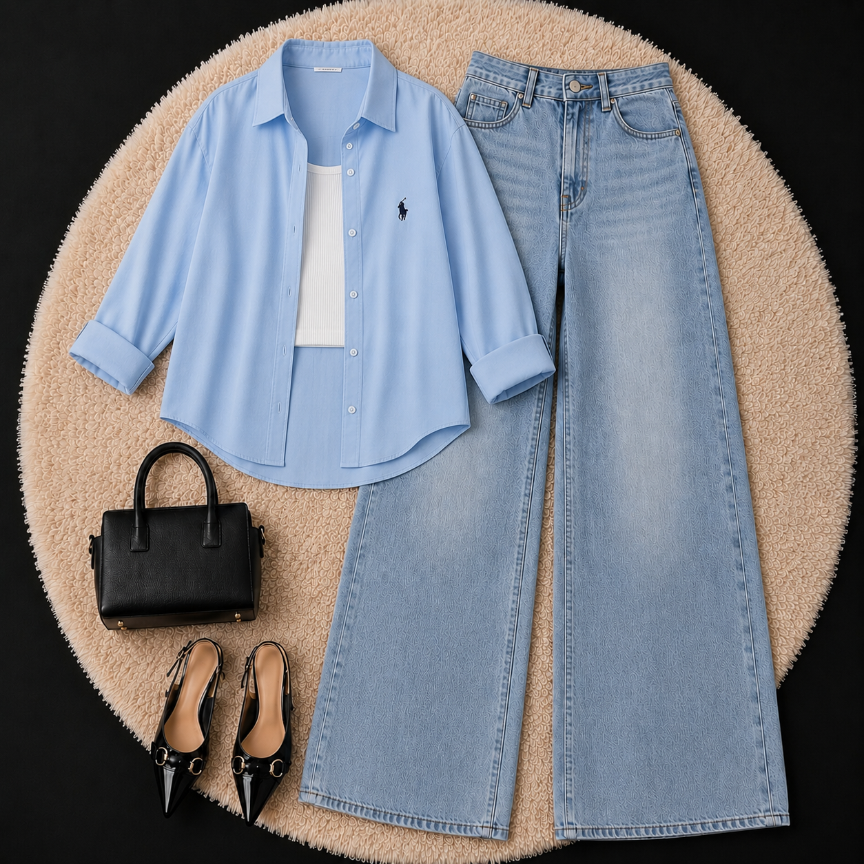 Baby Blue Button Down Shirt With White Inner & Sky Blue Wide Leg Jeans