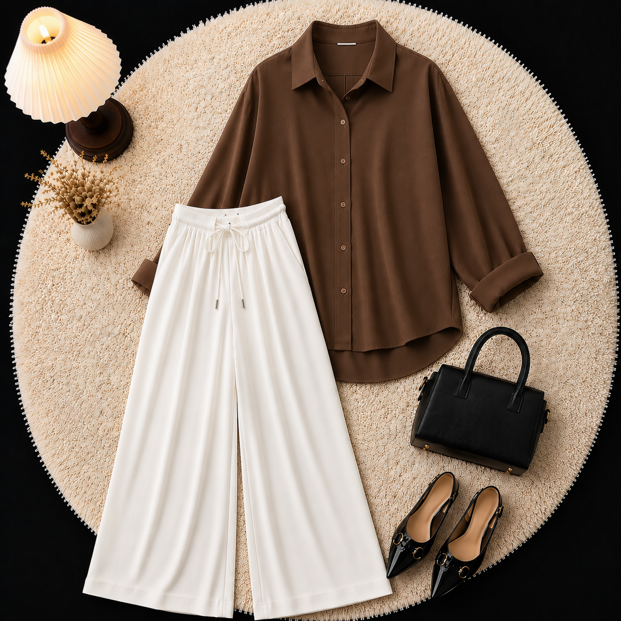 Brown Button Down Shirt With White Flapper Trouser