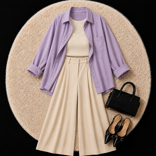 Lilac Button Down Shirt With Beige Inner And Beige Formal Pant
