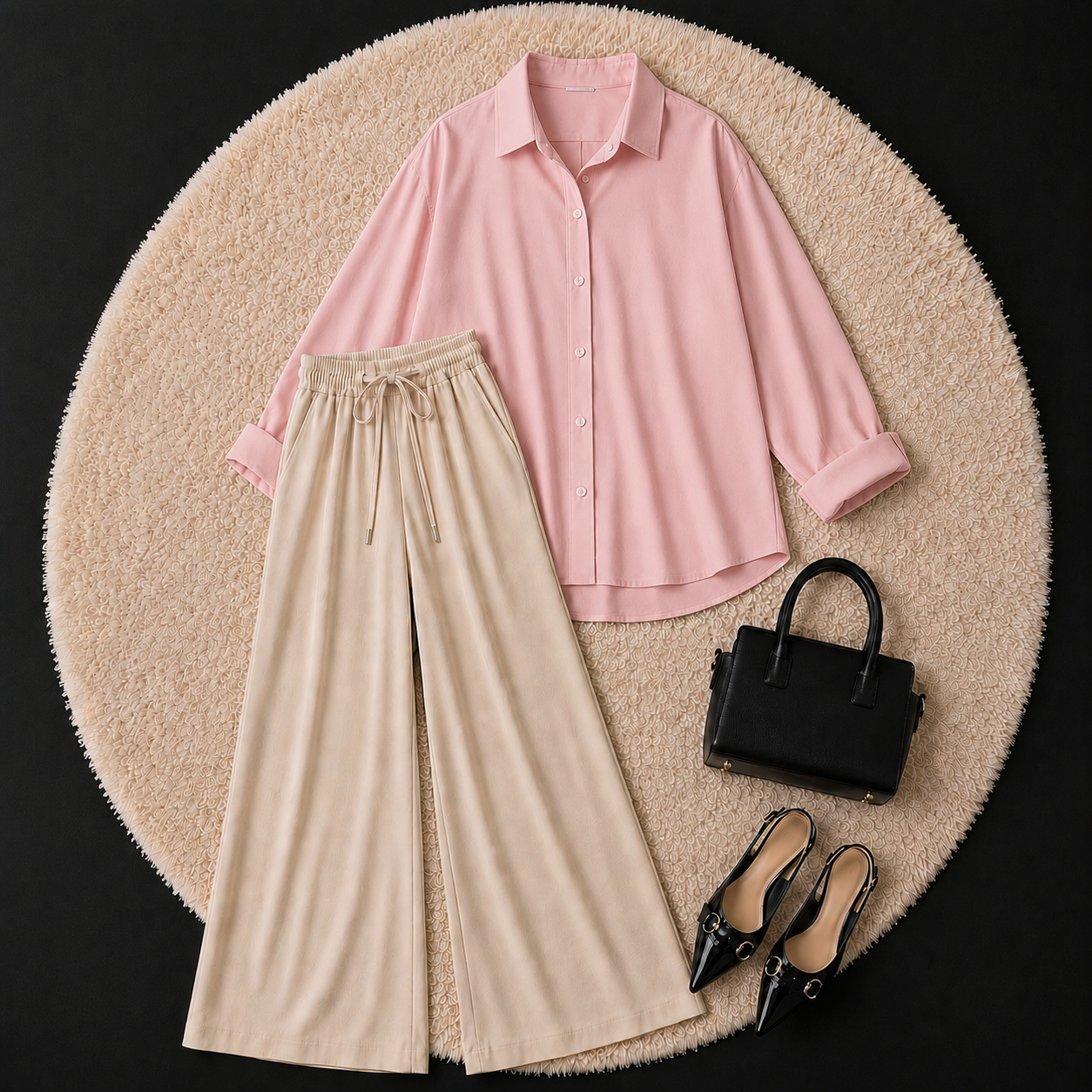 Baby Pink Button Down Shirt With Beige Flapper Trouser