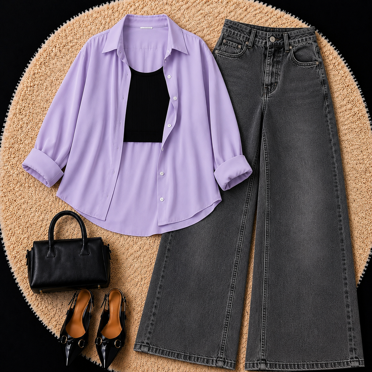 Lilac Button Down Shirt With Black Inner & Grey Wide Leg Jeans