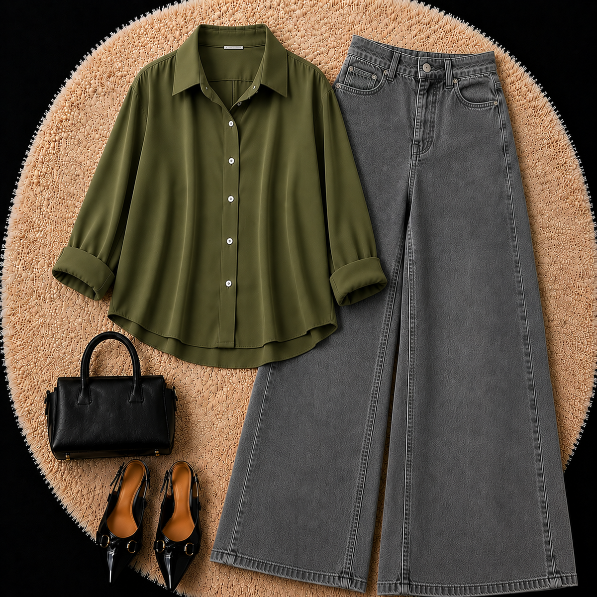 OLIVE GREEN BUTTON DOWN SHIRT WITH CHARCOL GREY WIDE LEG JEANS